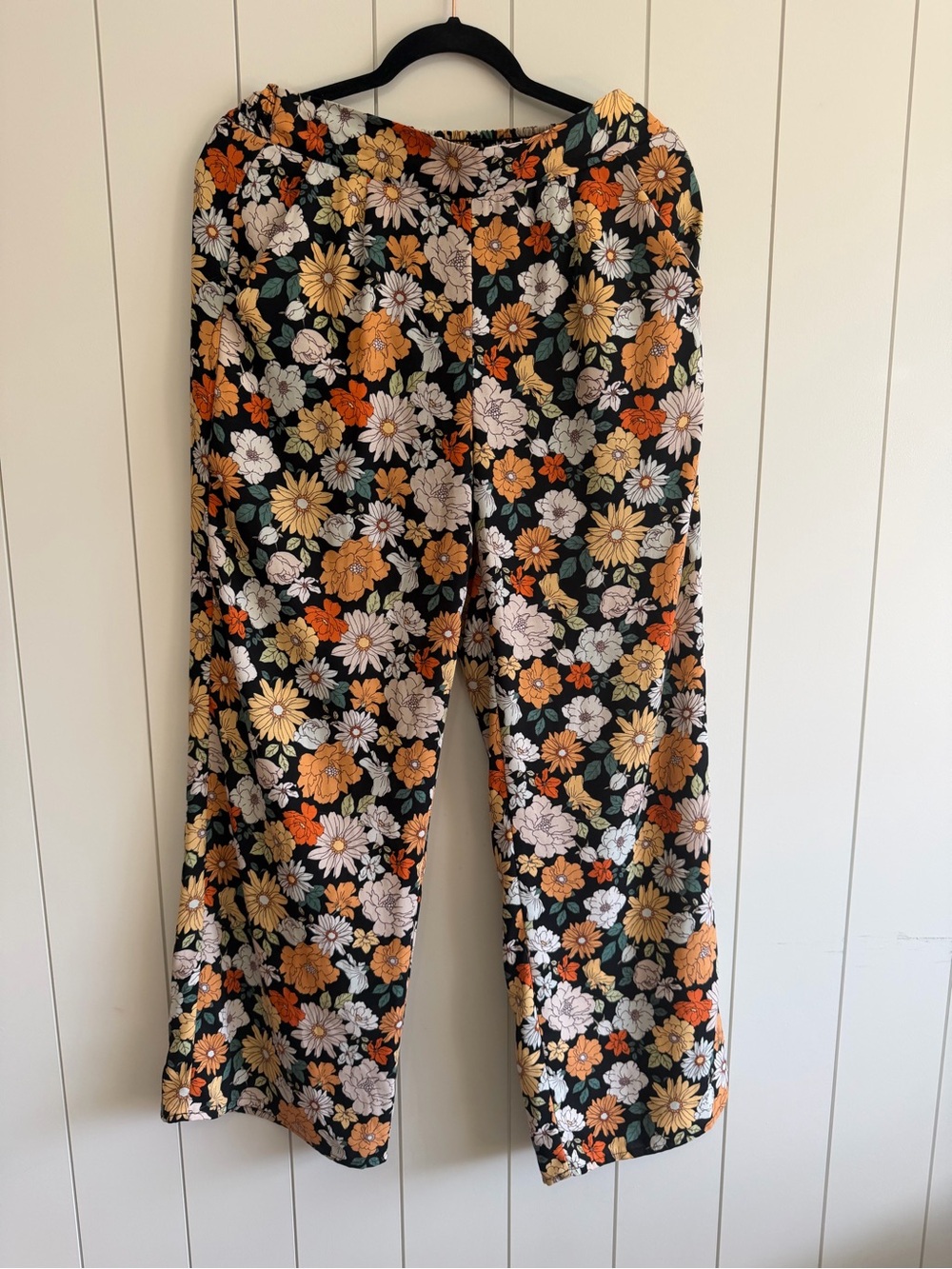 Le Lis Black Floral Wide-Leg Pants with Orange and Cream Blooms